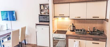 Fridge, microwave, oven, cookware/dishes/utensils