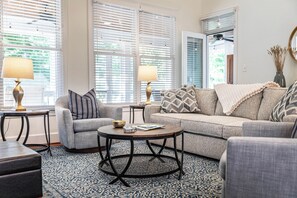 A living room with a grey sofa, two side tables with lamps, a patterned rug, and large windows with blinds. - New Rental - Reynolds Lake Ocone 3 BR 2.5 Bath Cottage (Greensboro)