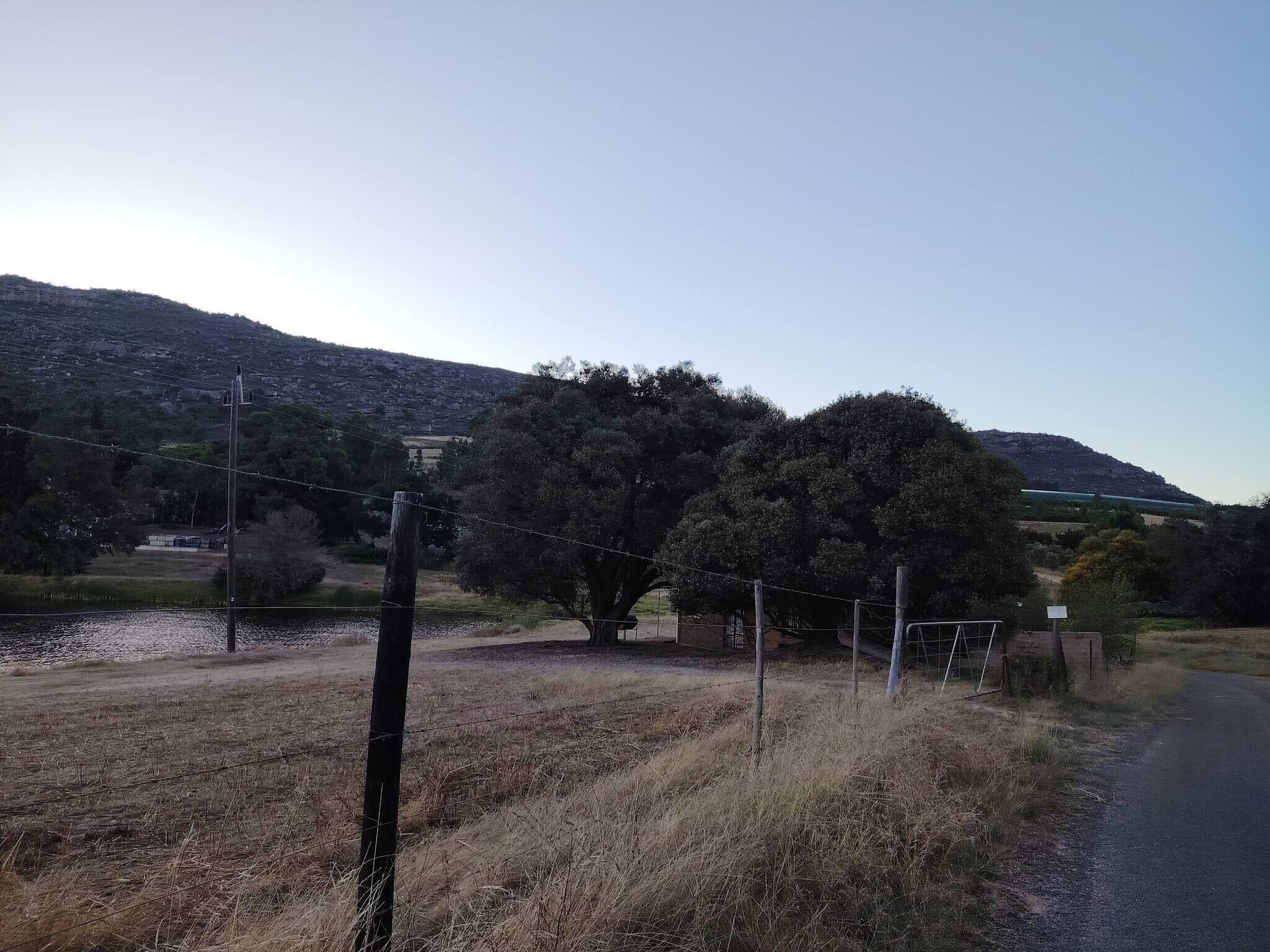 A rural landscape with a dirt road, a fence, and a hill in the background.