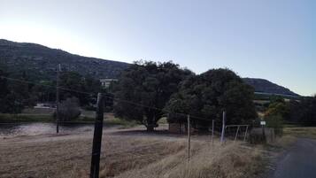 A rural landscape with a dirt road, a fence, and a hill in the background.