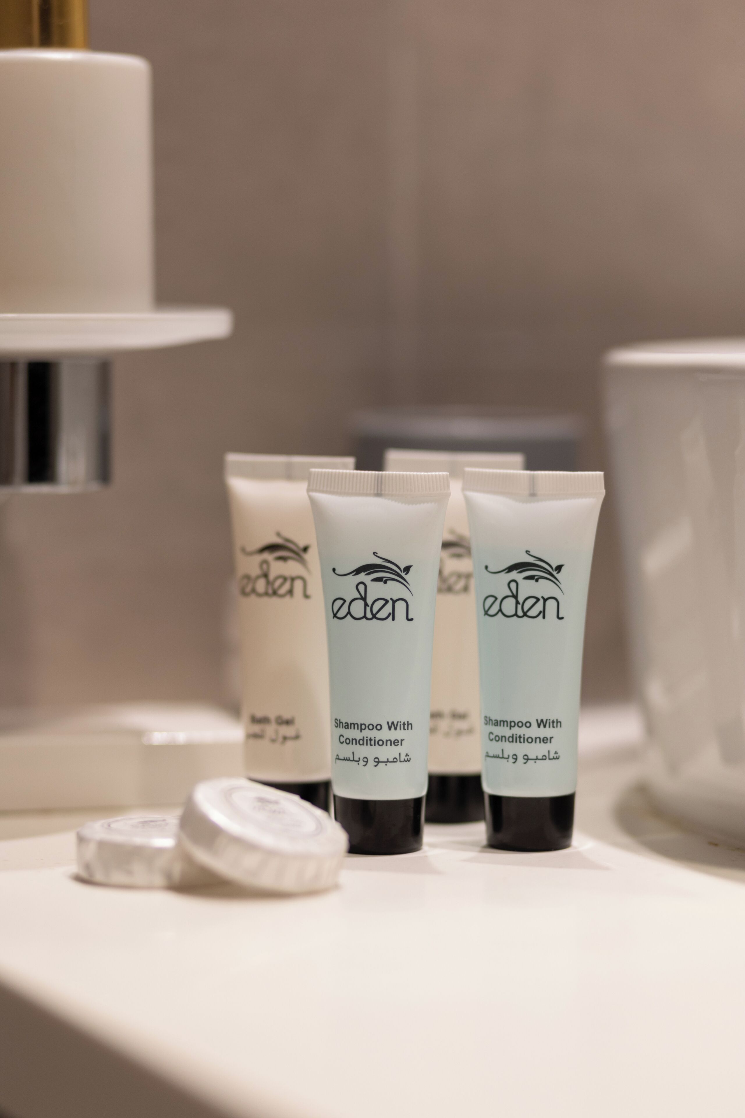 A bathroom counter with Eden brand shampoo and conditioner tubes, a white sink, and a mirror.