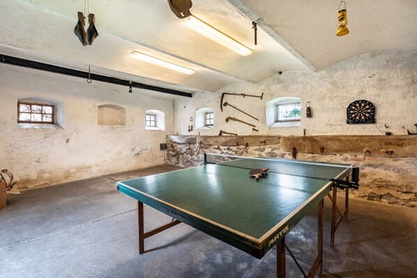 Une pièce spacieuse avec une table de ping-pong, des murs en pierre et divers outils accrochés au mur.