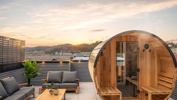 Una terrazza sul tetto con una sauna in legno, un'area salotto e piante in vaso.