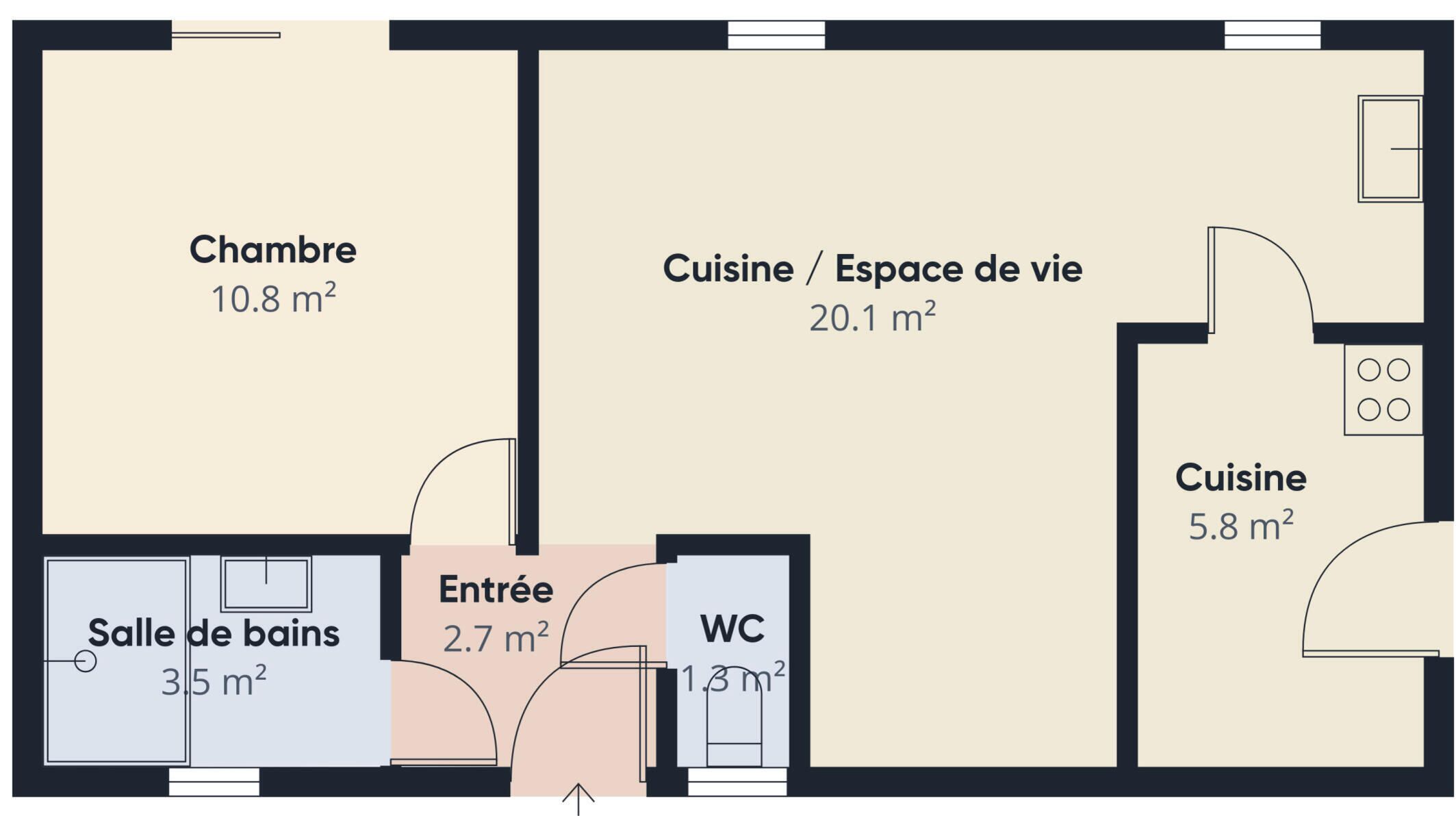 Plattegrond met een slaapkamer (10,8 m²), een woon/eetruimte (20,1 m²), een badkamer (3,5 m²), een keuken (5,8 m²), een hal (2,7 m²) en een toilet (1,3 m²).