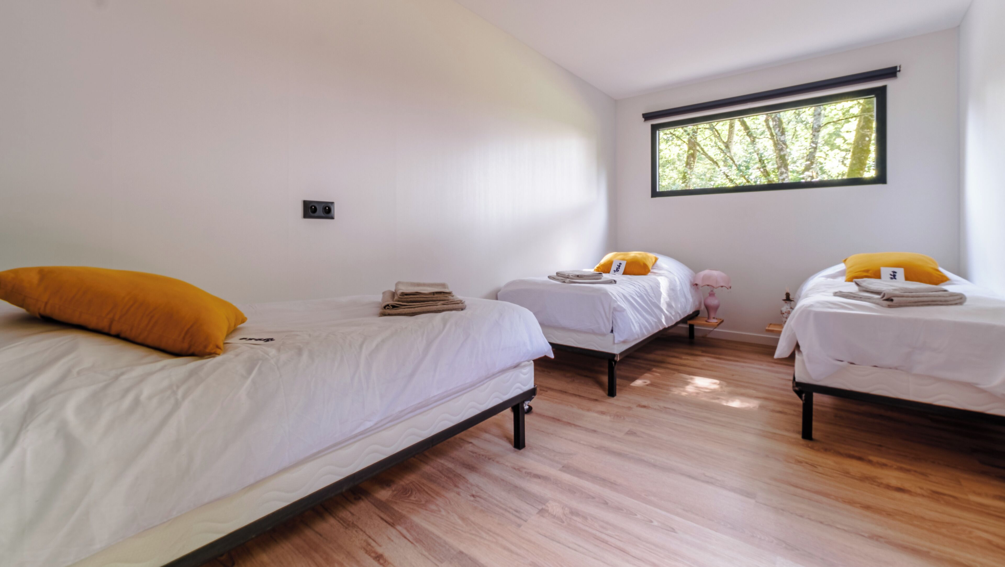 A room with two beds, a window with a view of trees, and a small bedside table with a lamp.