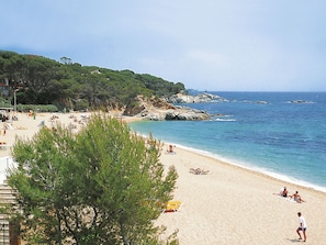 Ein Strand mit klarem, blauem Wasser, sandigem Ufer und Felsen.