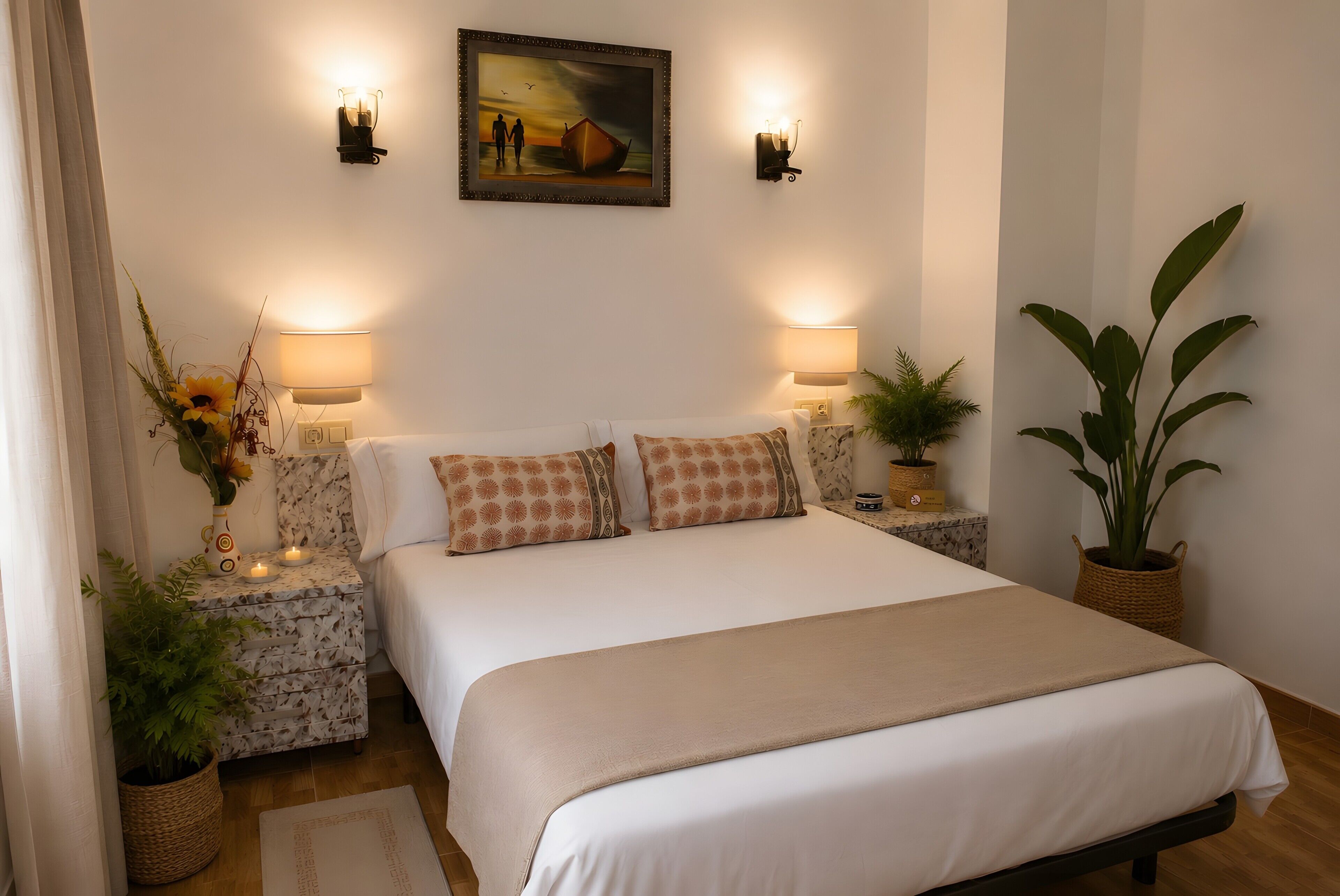 Une chambre à coucher bien rangée, avec un grand lit, des lampes de chevet, un tableau et des plantes en pot.