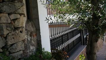 A stone wall, a metal fence, and a tree.