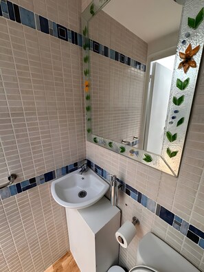Douche, séchoir à cheveux, serviettes fournies