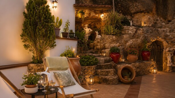 Un espace détente avec un mur en pierre, des plantes en pot, une statue et un aménagement de sièges confortable.