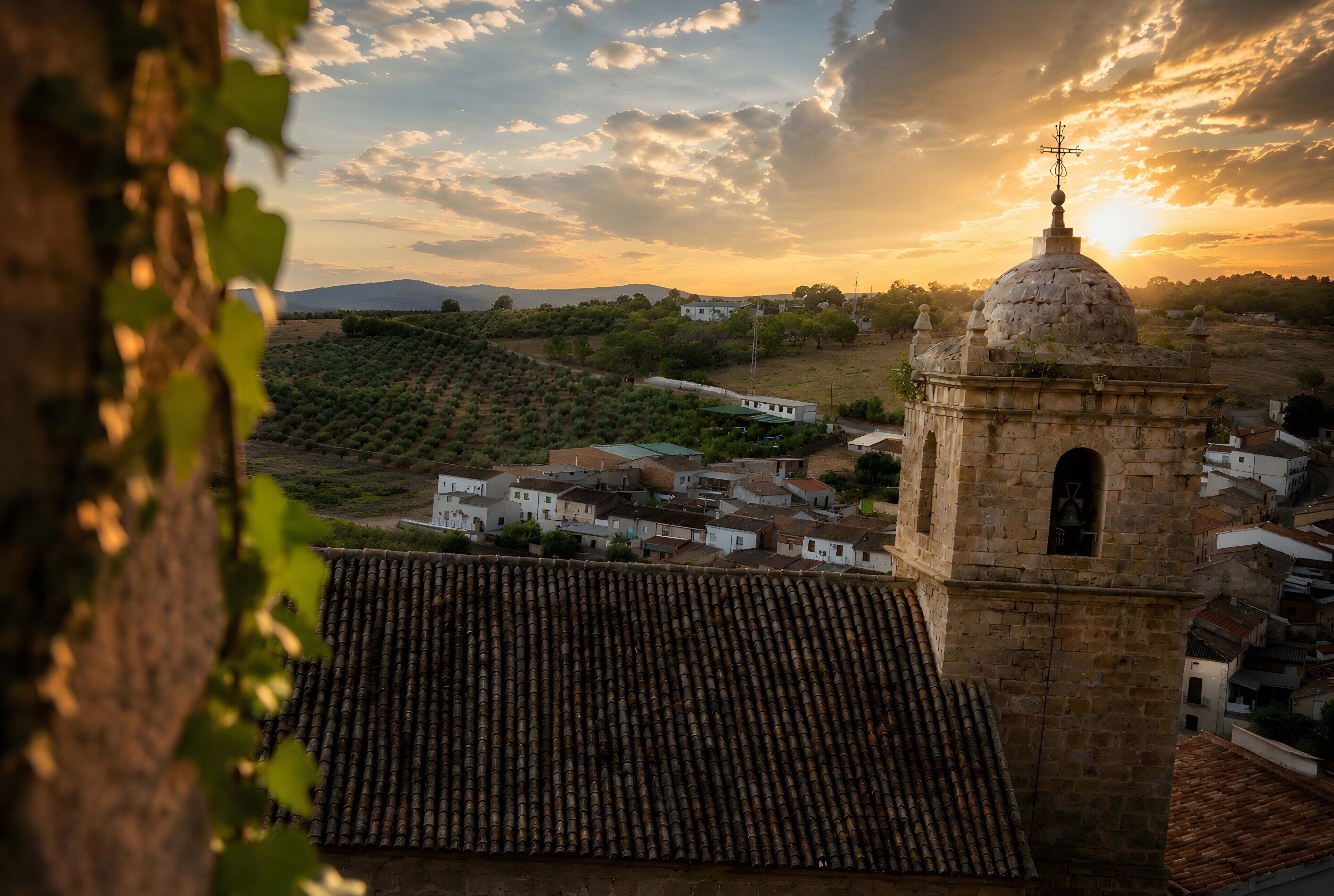 Un pueblo histórico con una imponente torre de piedra, viñedos en terrazas y arquitectura tradicional.