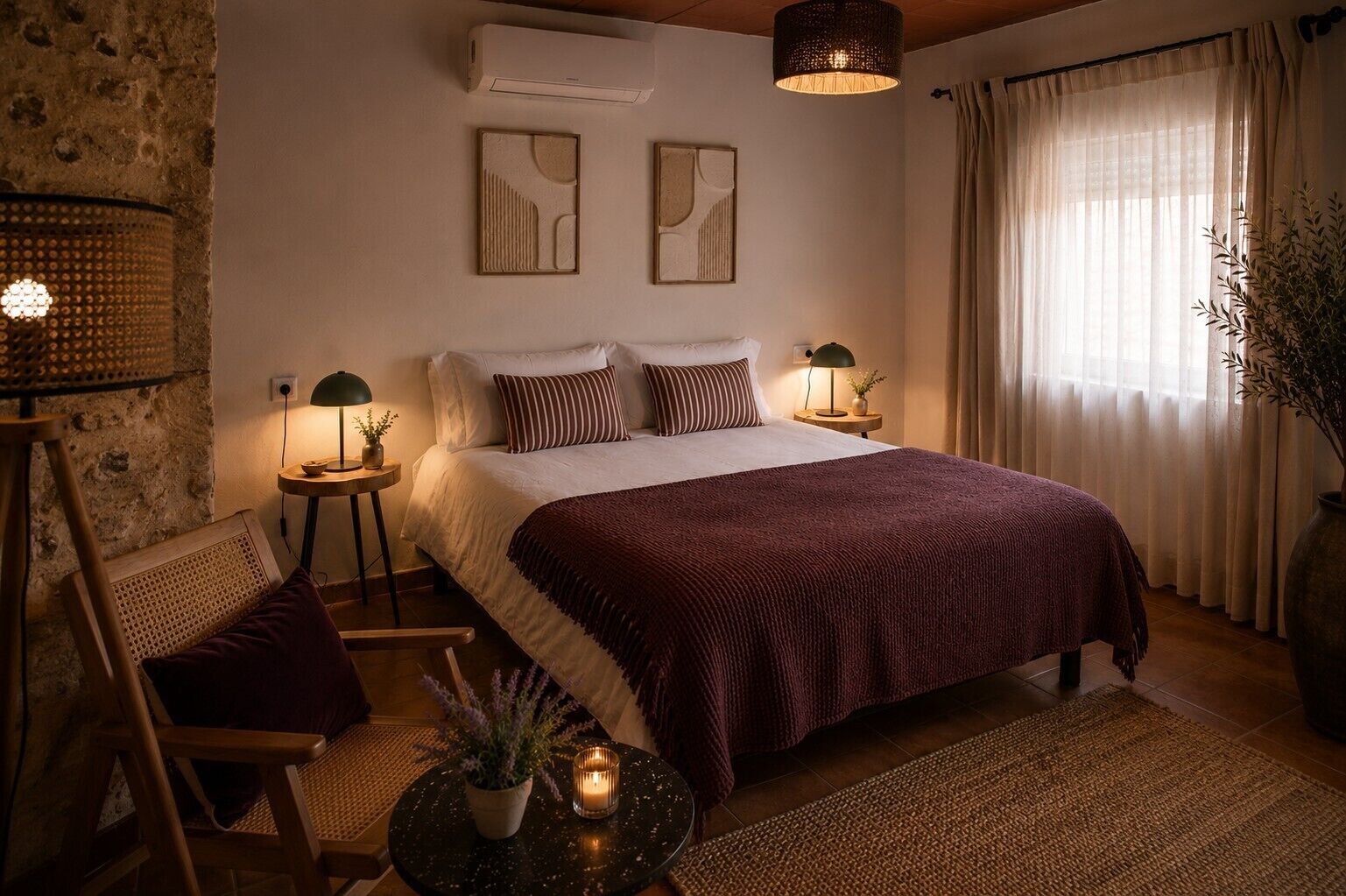 A bedroom with a large bed, two bedside tables with lamps, a wall-mounted air conditioner, and a window with curtains.