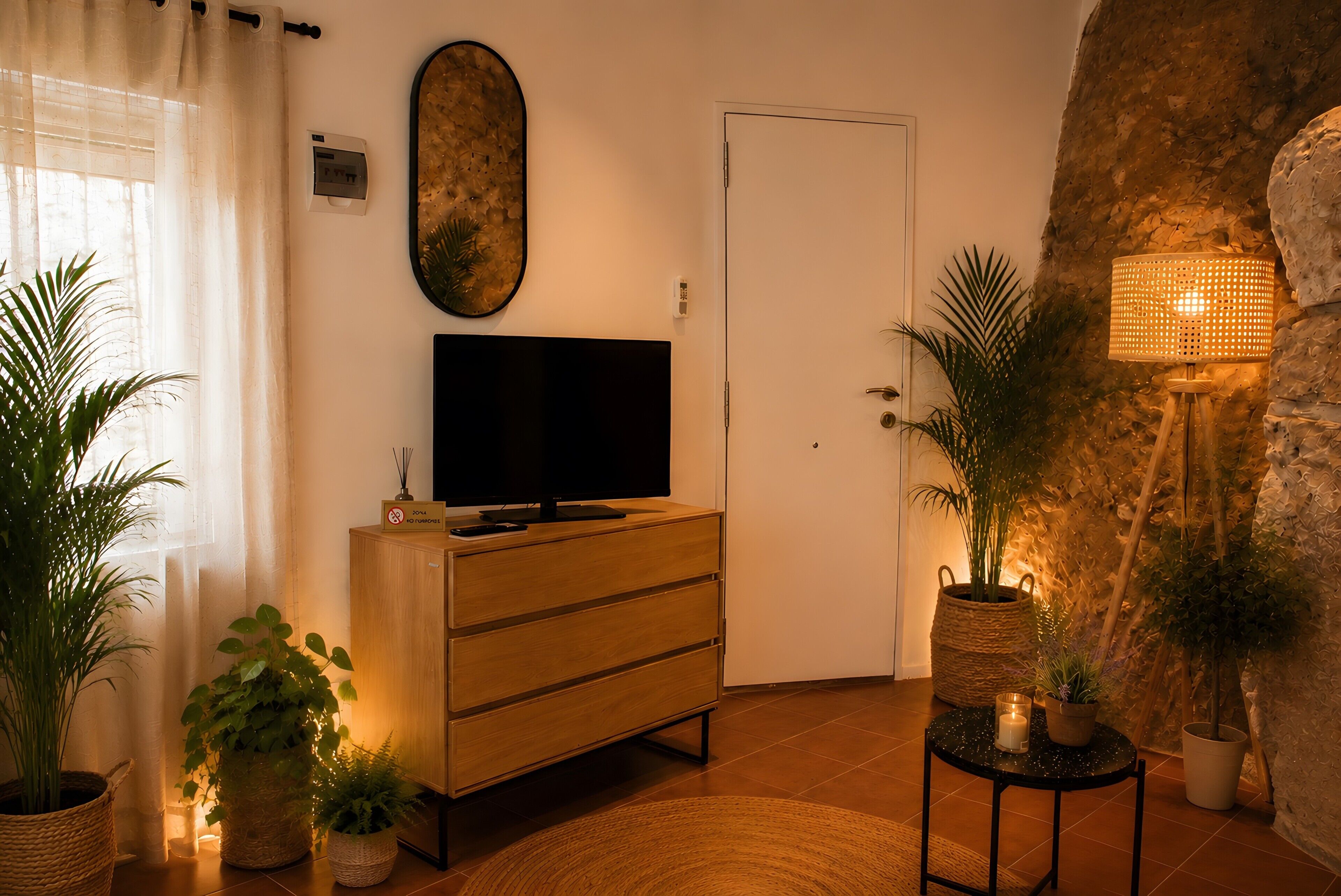 A living room with a TV on a wooden cabinet, a door, and several potted plants.