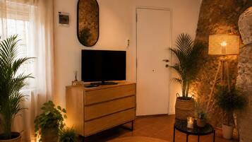 A living room with a TV on a wooden cabinet, a door, and several potted plants.