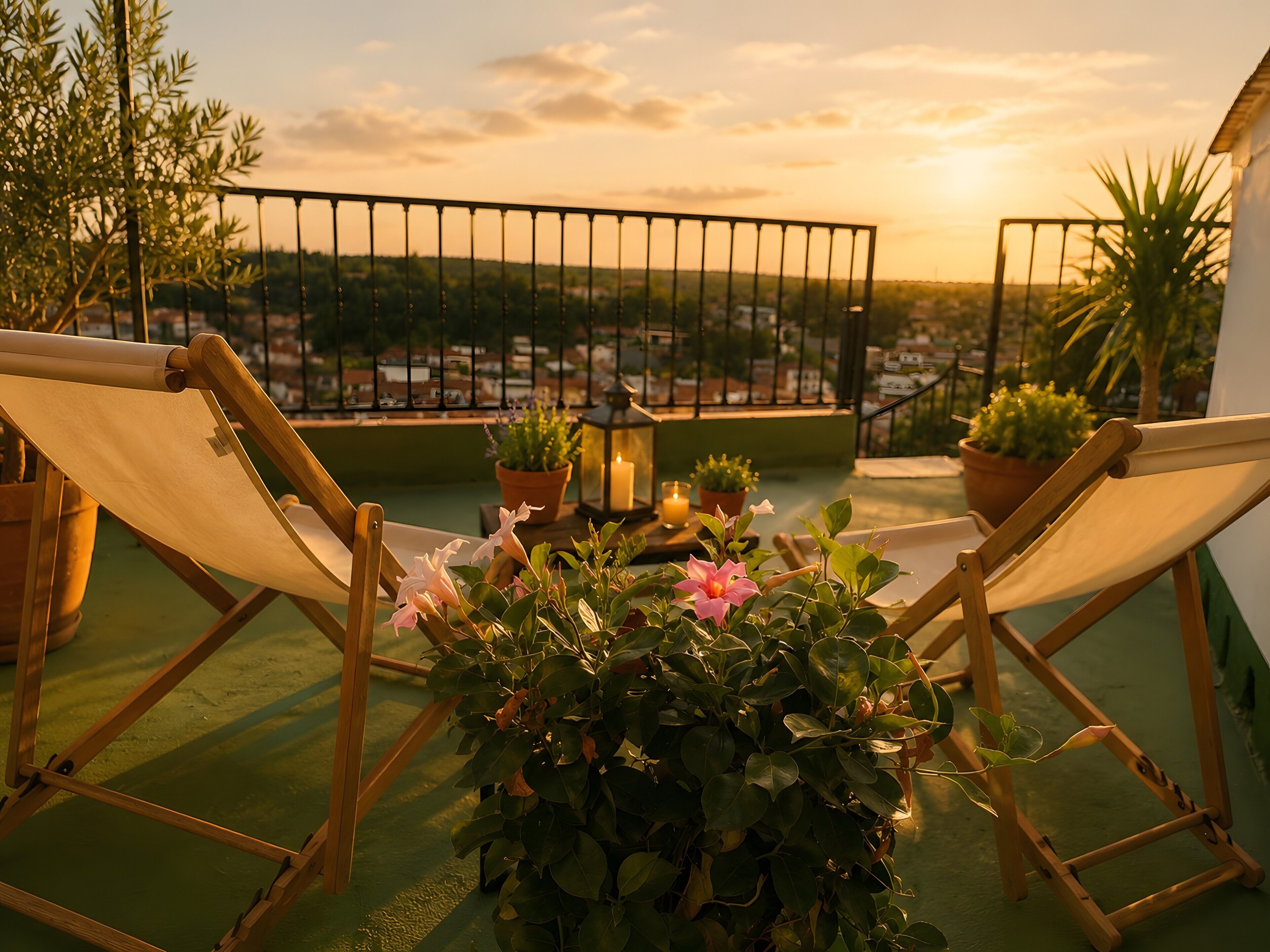 A balcony with two wooden chairs, potted plants, a candle, and a view of a cityscape at sunset.