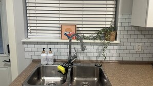 A kitchen with a double sink, a window with blinds, a potted plant, and two bottles labeled 'HAND DISHES'. - Family Friendly Suite (Langley Township)