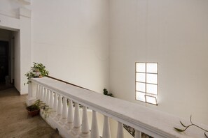 Ein heller Innenraum mit Balkonbrüstung, einem Fenster und Topfpflanzen.