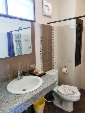 A bathroom with a sink, toilet, and shower area.
