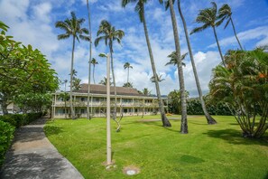 Ein Hotel mit einem langen, geraden Weg, der zu einem Gebäude mit flachem Dach und vielen Fenstern führt.