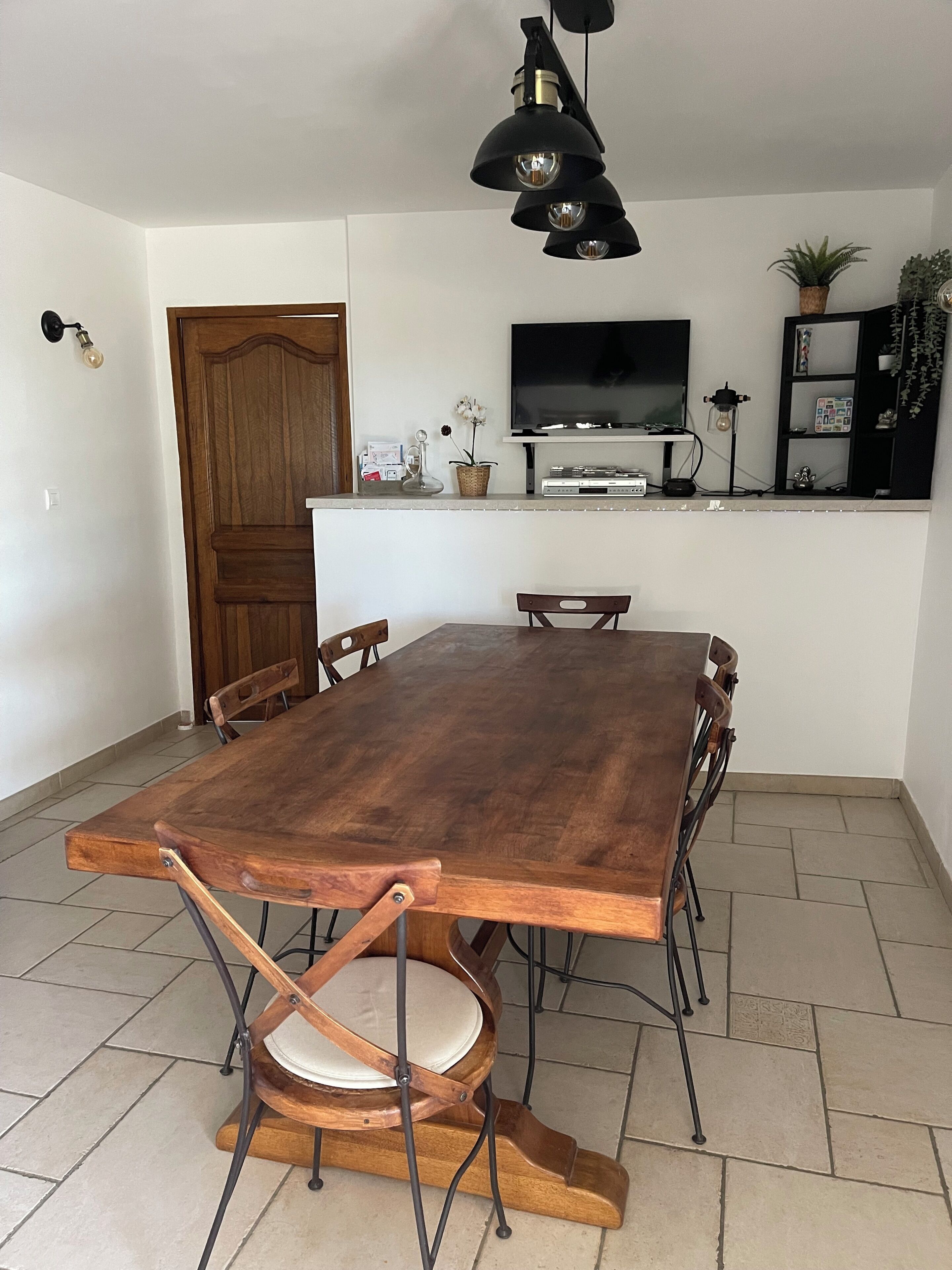 A dining area with a large wooden table, chairs, a television, and a small kitchen area with a plant and decorative items.