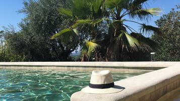 Une piscine aux eaux cristallines, avec un chapeau posé sur le bord, entourée d’arbres et sous un ciel dégagé.
