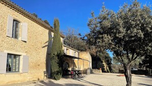 Un edificio in pietra con un cortile in ghiaia, un albero alto e un pergolato in metallo.