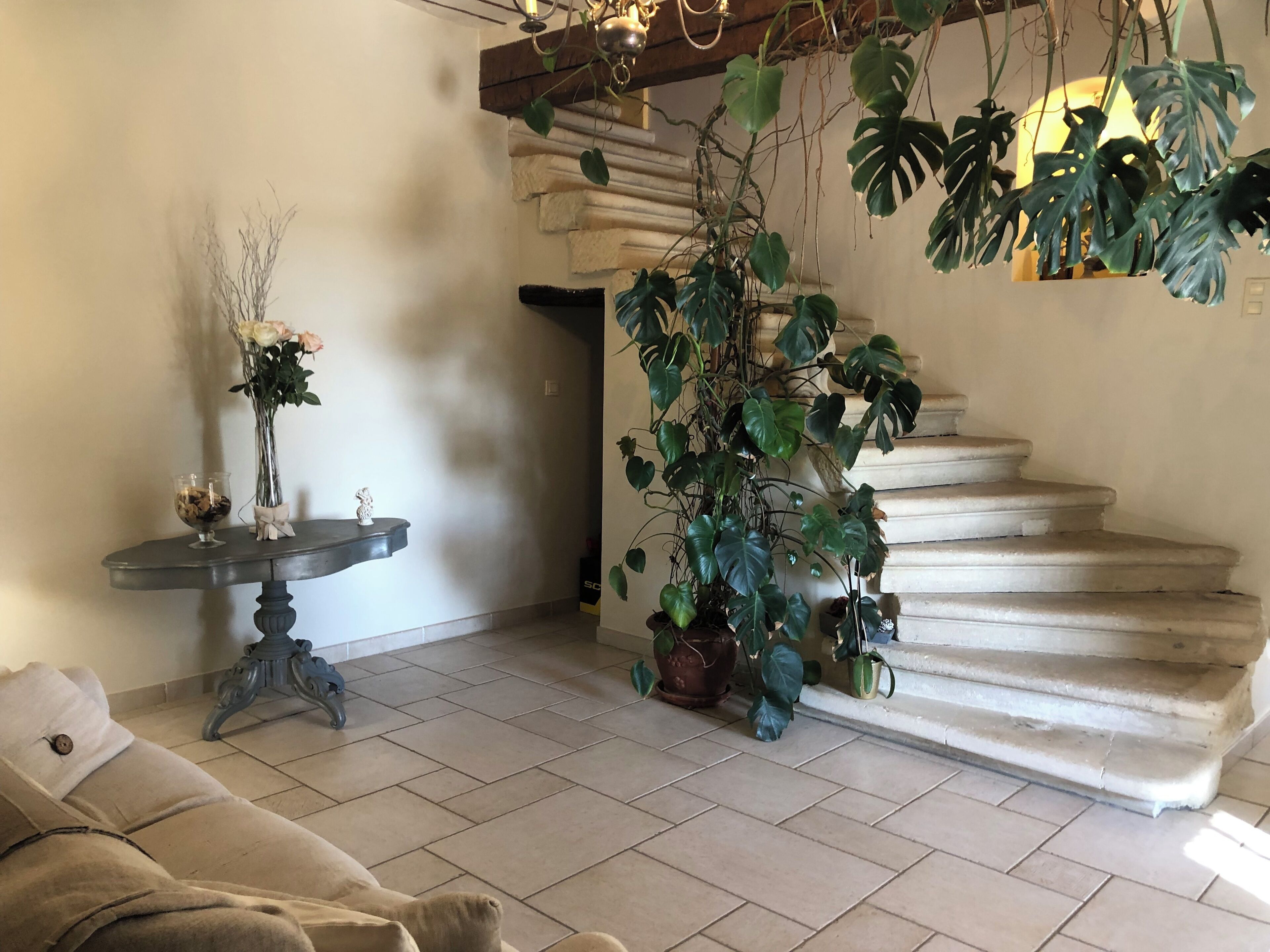 Un salon avec un canapé, une table ornée d’un vase de fleurs, un escalier et des plantes en pot.