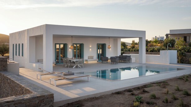A modern house with a pool, outdoor seating, and a view of the surrounding landscape. - Alkinoe Villa Paros, Bill & John Paros (Paros)