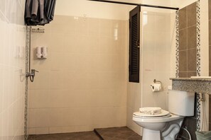 Shower, hair dryer, towels, soap