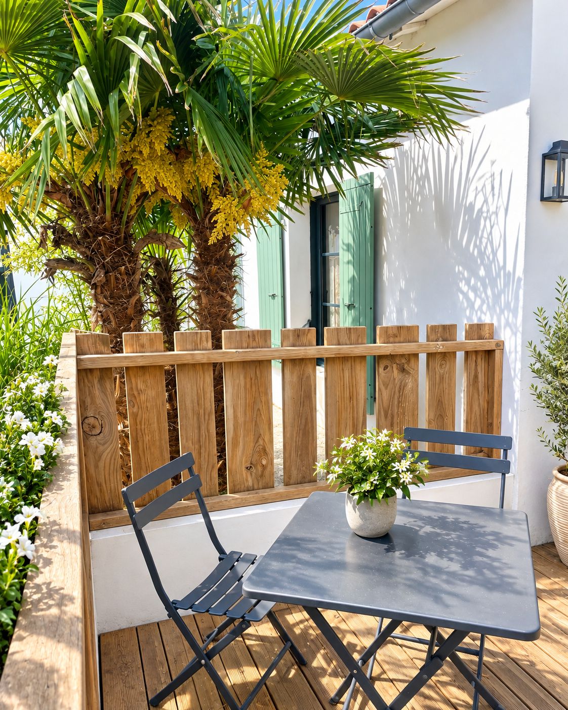 Une terrasse en bois avec une table et deux chaises, entourée de verdure et d’un bâtiment blanc aux volets verts.
