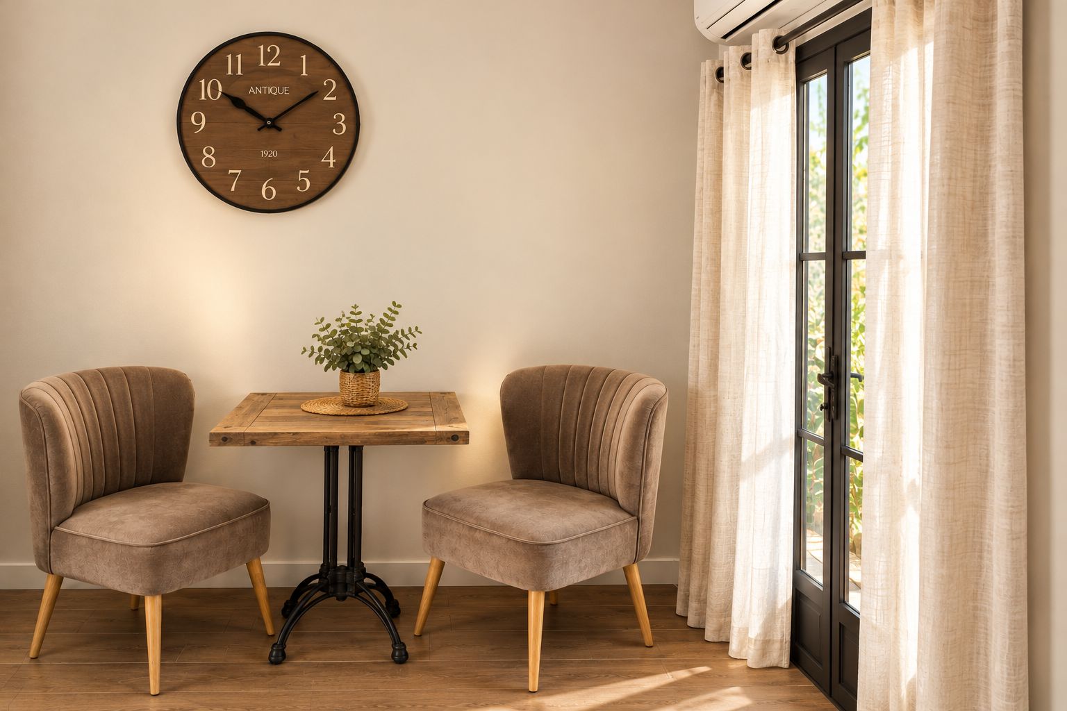 A room with two armchairs, a wooden table with a plant, a wall clock, and a window with curtains.