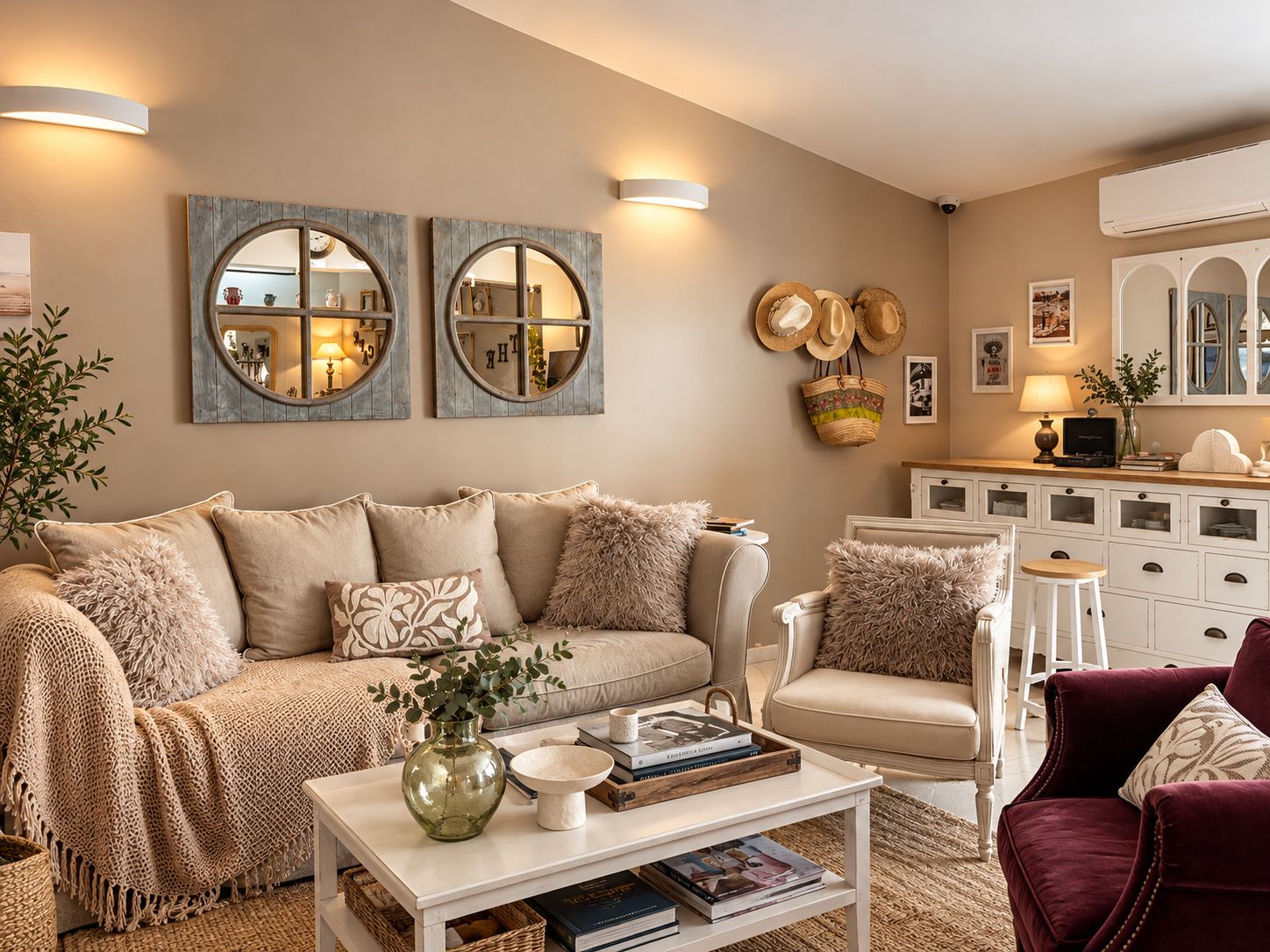 A cozy living room with a sofa, armchairs, a coffee table, and a sideboard.