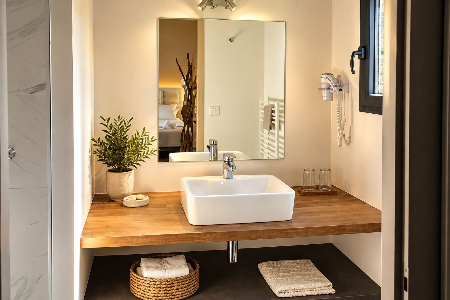 Een moderne badkamer met een houten aanrecht, een witte wastafel, een grote spiegel, een potplant en een rieten mand.