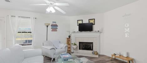 TV, fireplace, printers