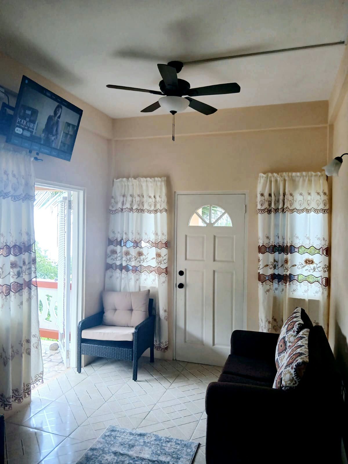 A living room with a ceiling fan, a sofa, a chair, and a door.