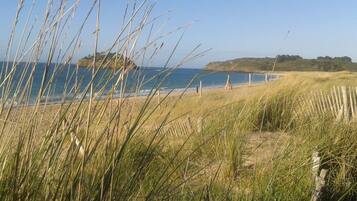 Eine Küstenlandschaft mit grasbewachsenen Dünen, einem Sandstrand und freiem Blick auf das Meer.