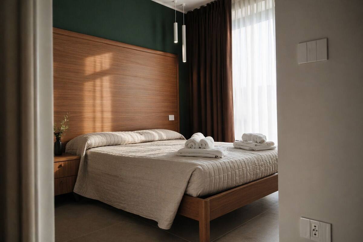 A neatly made bed with a wooden headboard, a bedside table with a vase, and a window with curtains.