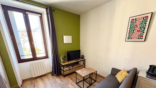 A living room with a sofa, a coffee table, a TV on a stand, a radiator, a window with curtains, and a framed picture on the wall.