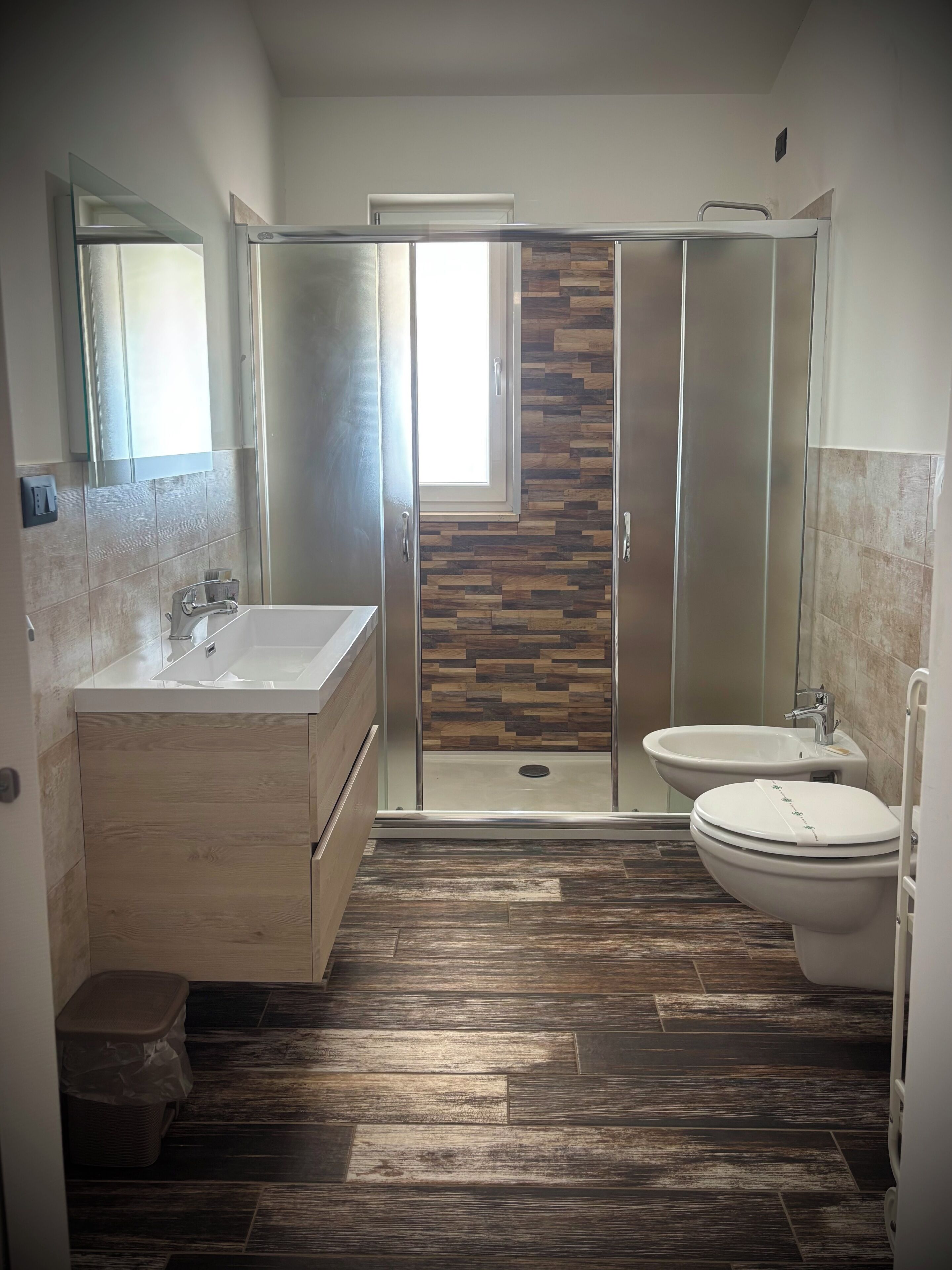 Shower, hair dryer, towels, toilet paper