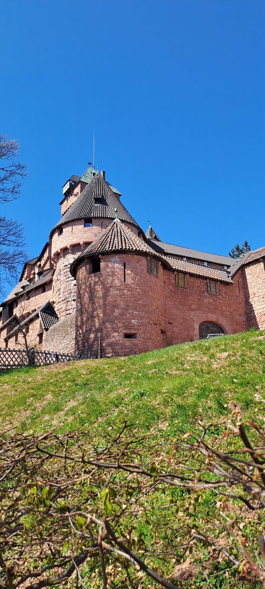 Ein historisches Steinhaus mit einem markanten Turm und einem kleinen Rundbogenportal.