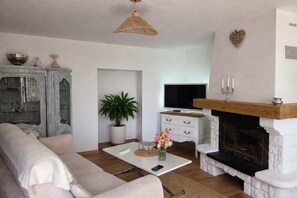 Un salon comprenant un canapé, une table basse, un téléviseur, une cheminée et une plante décorative.