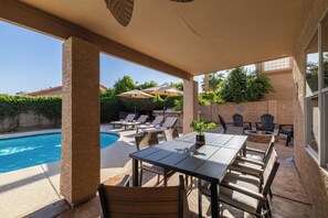 Outdoor dining - 5BR Gilbert Oasis | Heated Pool, Waterslide, Games (Gilbert)