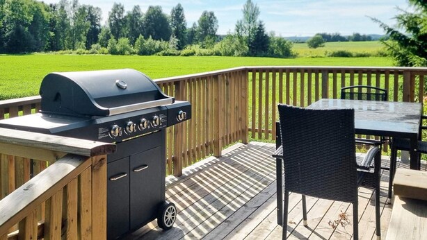 A deck with a grill, a table, and chairs. - 4 Star Holiday Home in Bralanda (Bralanda)