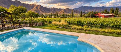 Ein Schwimmbecken mit Holzterrasse und Blick auf Berge und Weinberge.
