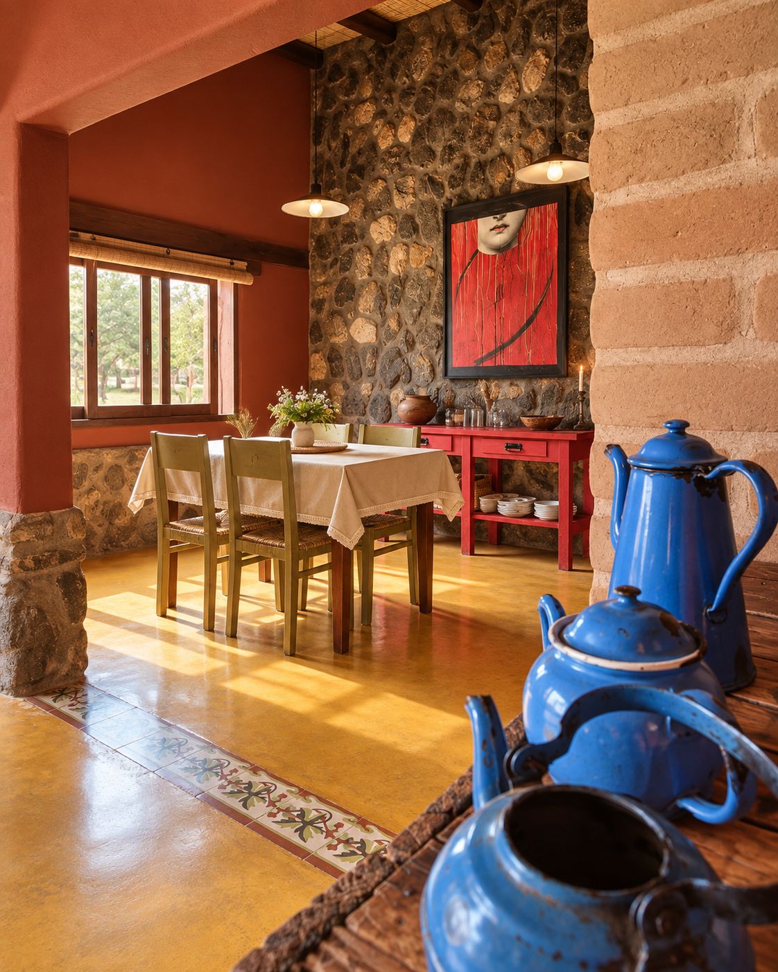 Un comedor con pared de piedra, una mesa con sillas y teteras azules.