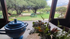 Una mesa con una maceta azul y una planta en maceta, una ventana con vistas a un jardín y mesas de picnic.