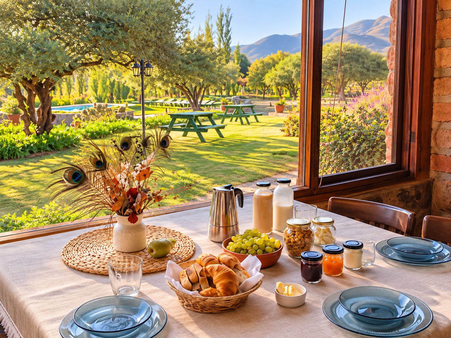 Une table dressée pour le petit-déjeuner, avec vue sur un jardin et des montagnes.