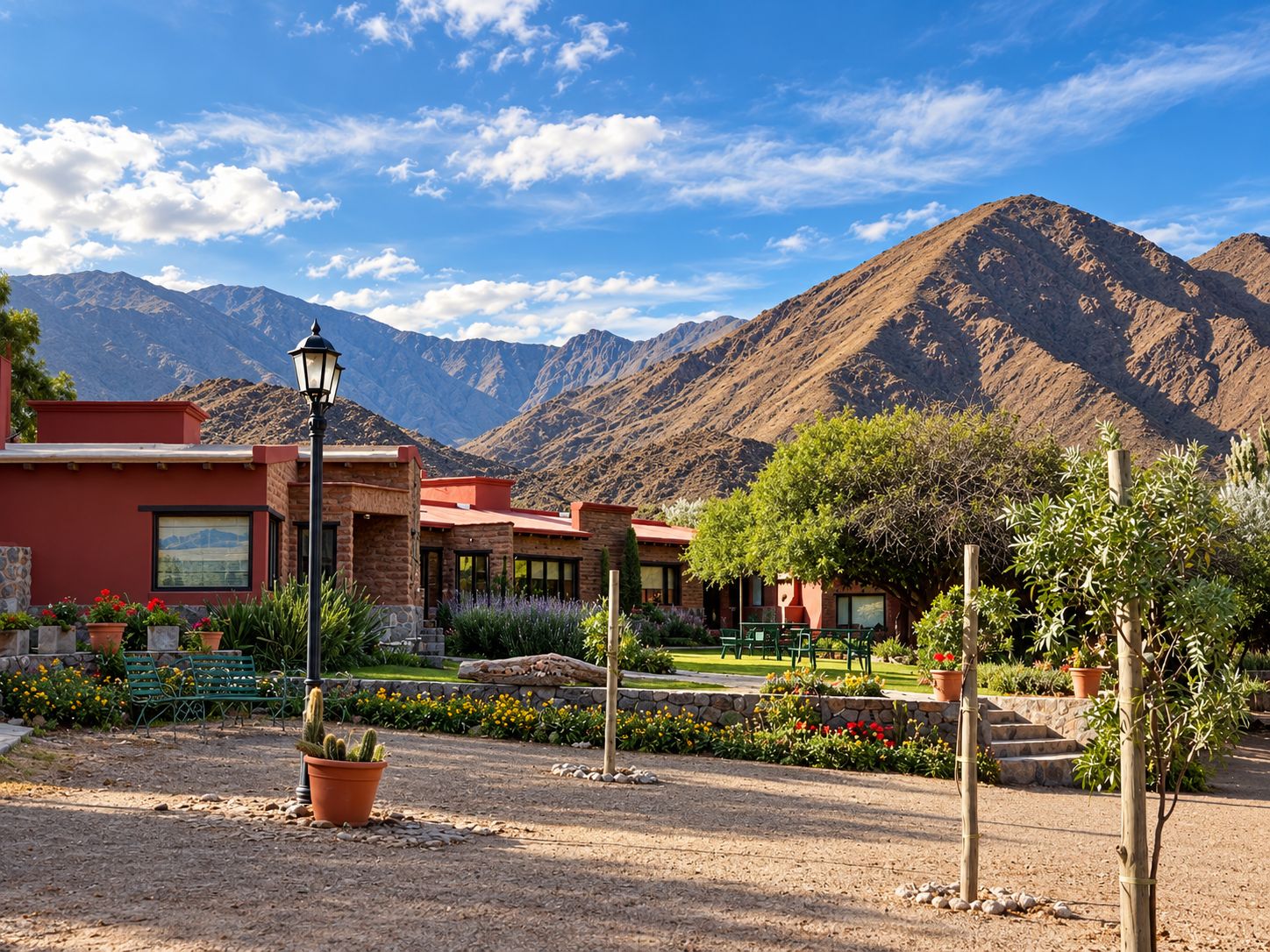 A building with a red exterior and a mountain backdrop.