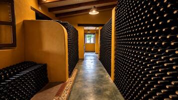 Une cave à vin avec des rangées de bouteilles de vin alignées sur des étagères.