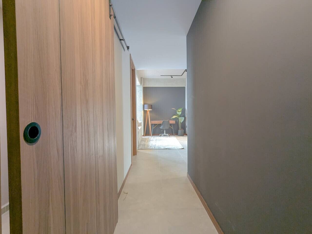 A hallway with a wooden door, a desk with a chair, and a plant.